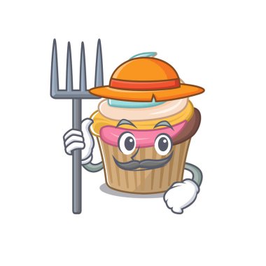 Şapkalı ve aletli mutlu çiftçi gökkuşağı kek resmi. Vektör illüstrasyonu