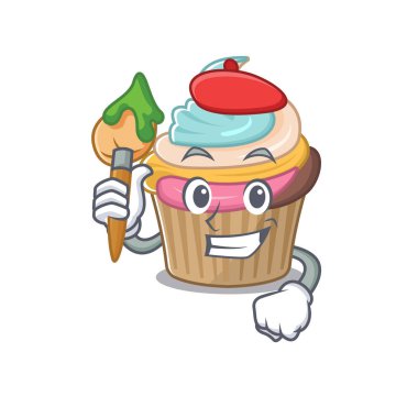 Gökkuşağı kekinin, fırçası olan bir sanatçı olarak güzel bir resmi. Vektör illüstrasyonu