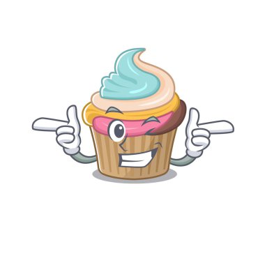 Gökkuşağı keki ve göz kırpması olan şirin bir maskot çizimi. Vektör illüstrasyonu