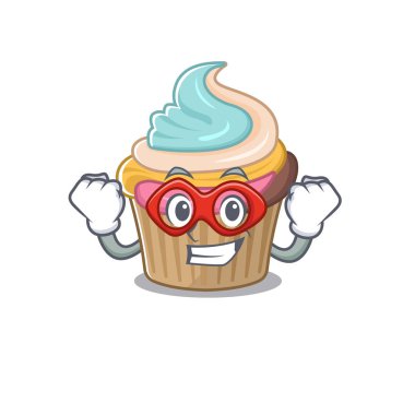 Süper kahraman olarak gerçekleştirilen gökkuşağı keki çizgi filmi konsepti. Vektör illüstrasyonu