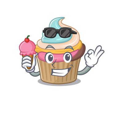 Mutlu yüz gökkuşağı kek tasarımı. Dondurmalı. Vektör illüstrasyonu