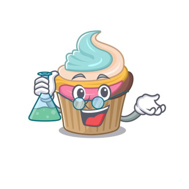 Havalı gökkuşağı kek profesörü cam tüplü çizgi film karakteri. Vektör illüstrasyonu