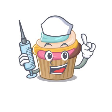 Elinde şırınga olan gökkuşağı keki misafirperver hemşire karakteri. Vektör illüstrasyonu