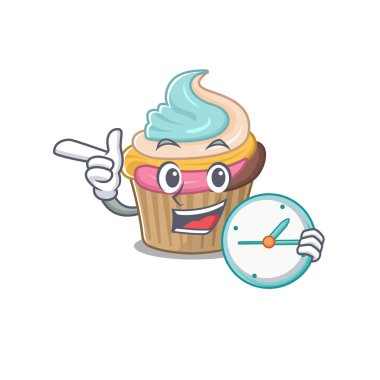 Çizgi film karakteri konsepti gökkuşağı kekinin saati var. Vektör illüstrasyonu