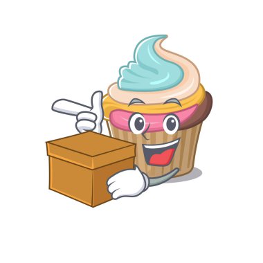 Şirin bir gökkuşağı kek çizgi film karakteri kutuya sahip. Vektör illüstrasyonu