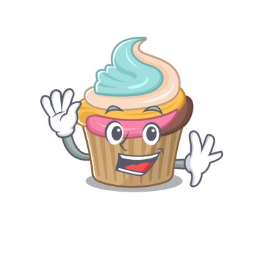 Dost canlısı gökkuşağı kek maskotu tasarımı. Vektör illüstrasyonu