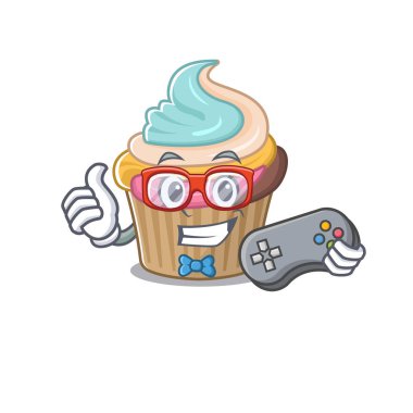 Gülen oyuncu gökkuşağı top kek maskot tarzı. Vektör illüstrasyonu