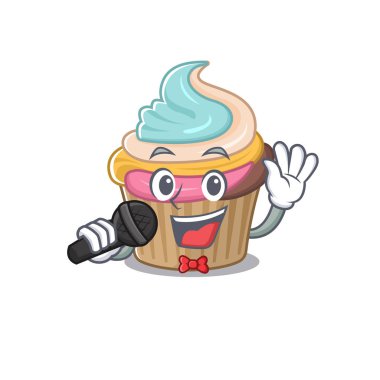 Mikrofonda şarkı söyleyen mutlu gökkuşağı kekleri. Vektör illüstrasyonu