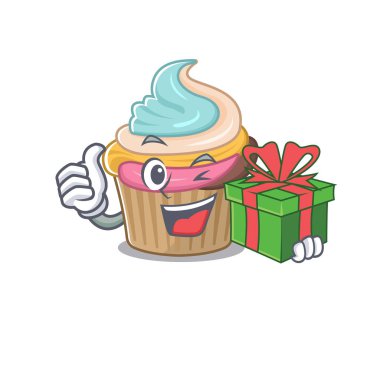 Mutlu gökkuşağı kek karakterinin hediye kutusu var. Vektör illüstrasyonu