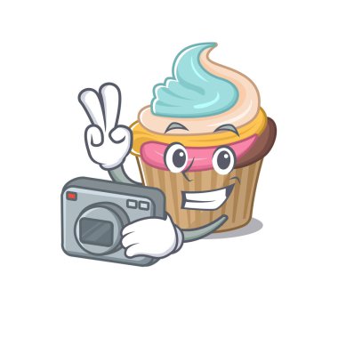 Kameralı havalı fotoğrafçı gökkuşağı kek karakteri. Vektör illüstrasyonu