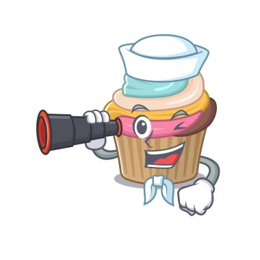 Gökkuşağı kekinin bir resmi dürbünlü bir denizci olarak çalışıyor. Vektör illüstrasyonu