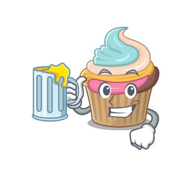 Gülen gökkuşağı kek maskotu tasarımı ve büyük bir bardak. Vektör illüstrasyonu