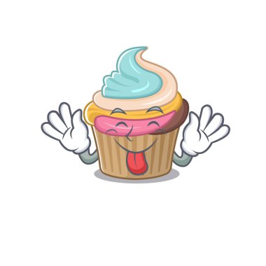 Komik gökkuşağı kek maskotu tasarımı. Dili dışarıda. Vektör illüstrasyonu