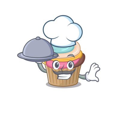 Tepside yemek servisi yapan bir şef olarak gökkuşağı çöreği resmi. Vektör illüstrasyonu