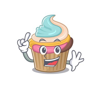 Maskot çizgi film konsepti gökkuşağı keki ve bir parmak hareketi. Vektör illüstrasyonu