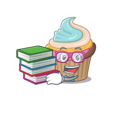 Gökkuşağı kek maskot çizgi filmi kitapla çalışıyor. Vektör illüstrasyonu