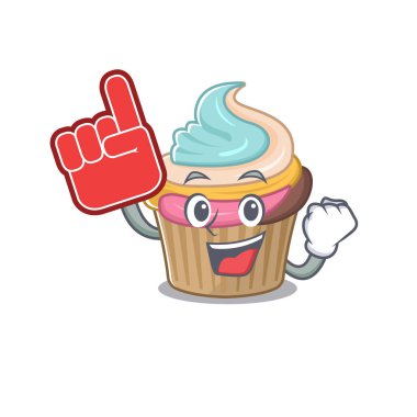 Gökkuşağı kek maskotu çizgi film tasarımının köpük parmaklı bir resmi. Vektör illüstrasyonu