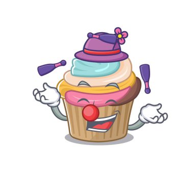 Canlı bir gökkuşağı kek çizgi film karakteri tasarımı jonglörlük oynuyor. Vektör illüstrasyonu