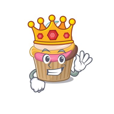 Gökkuşağı kekinin bir maskot dizaynı sahnede bir kral olarak sahneleniyor. Vektör illüstrasyonu