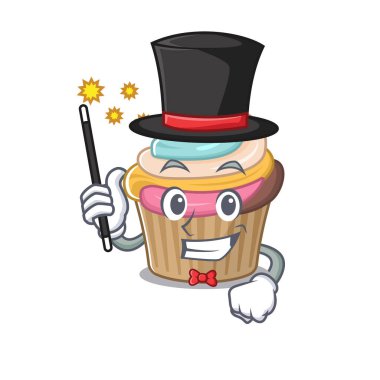 Bir sihirbaz olarak gökkuşağı kek performansının resmi. Vektör illüstrasyonu