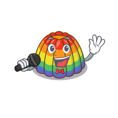 Mikrofonda şarkı söyleyen mutlu gökkuşağı jölesi. Vektör illüstrasyonu