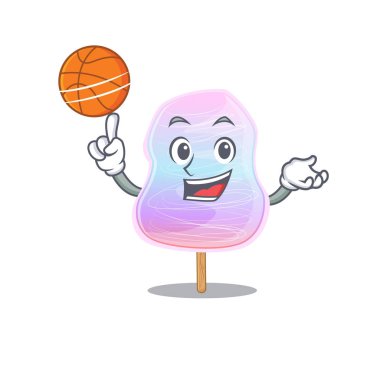 A mascot picture of rainbow cotton candy cartoon character playing basketball