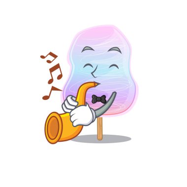 mascot design concept of rainbow cotton candy playing a trumpet