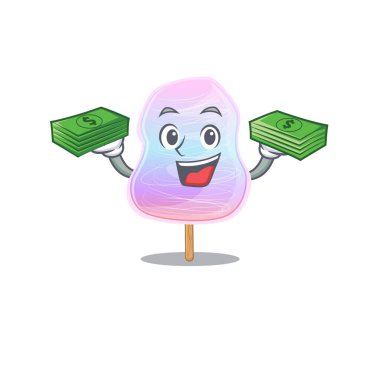 cool rich rainbow cotton candy character having money on hands