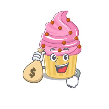 Rich and famous strawberry cupcake cartoon character holding money bag