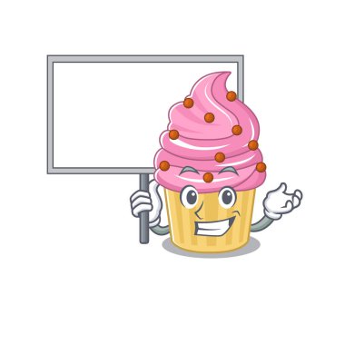A cute picture of strawberry cupcake mascot design with a board