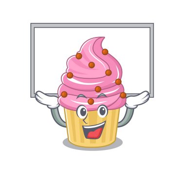 A strawberry cupcake mascot picture raised up board