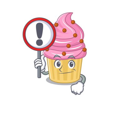 cute mascot character style of strawberry cupcake raised up a sign