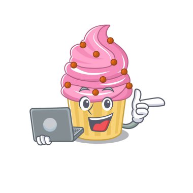 Cool character of strawberry cupcake working with laptop
