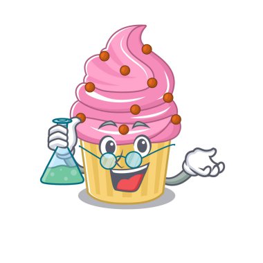 Cool strawberry cupcake Professor cartoon character with glass tube