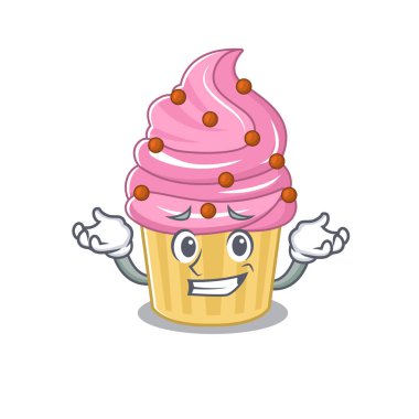cute Grinning strawberry cupcake mascot cartoon style