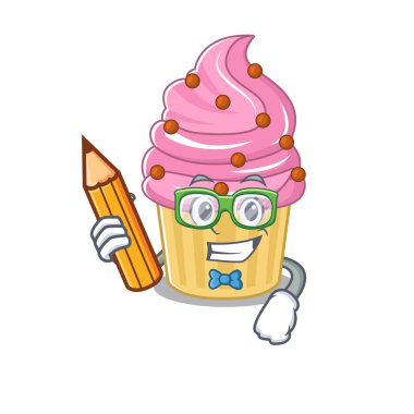 A smart Student strawberry cupcake character holding pencil