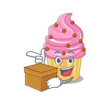 Cute strawberry cupcake cartoon character having a box