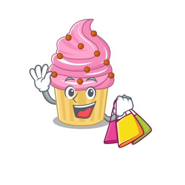 A friendly rich strawberry cupcake waving and holding Shopping bag