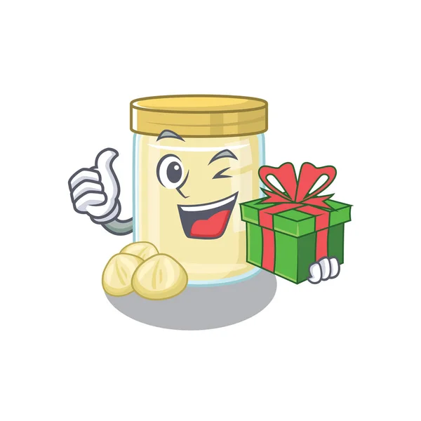 Happy Macadamia Nut Butter Character Having Gift Box Vector Illustration — Stock Vector