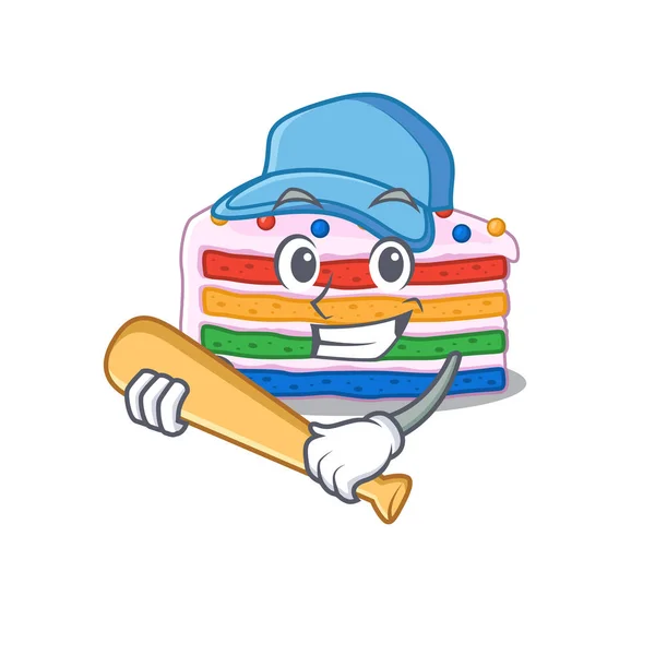 Smiley Funny Torta Arcobaleno Disegno Mascotte Con Baseball Illustrazione Vettoriale — Vettoriale Stock