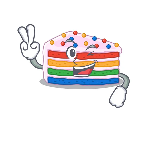 Mascotte Divertente Cartone Animato Torta Arcobaleno Personaggio Con Due Dita — Vettoriale Stock