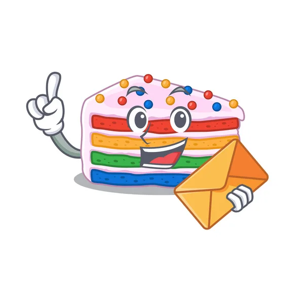 Glückliches Gesicht Regenbogenkuchen Maskottchen Design Mit Umschlag Vektorillustration — Stockvektor