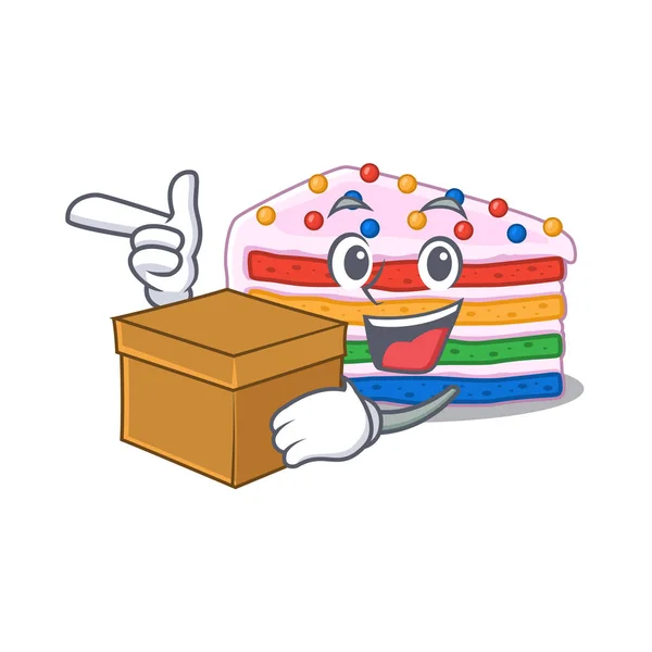 Nette Regenbogenkuchen Cartoon Figur Mit Einer Schachtel Vektorillustration — Stockvektor