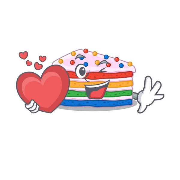 Romantische Regenbogenkuchen Cartoon Bild Hält Ein Herz Vektorillustration — Stockvektor