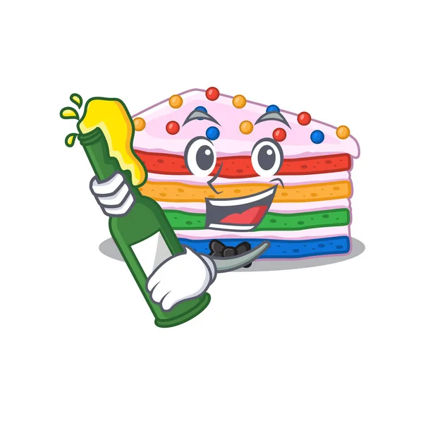 Mascot Cartoon Design Rainbow Cake Bottle Beer Vector Illustration — Stock Vector