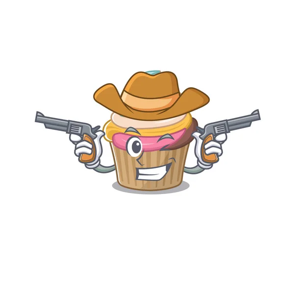 Cupcake Arcobaleno Concetto Cartone Animato Cowboy Avere Pistole Illustrazione Vettoriale — Vettoriale Stock