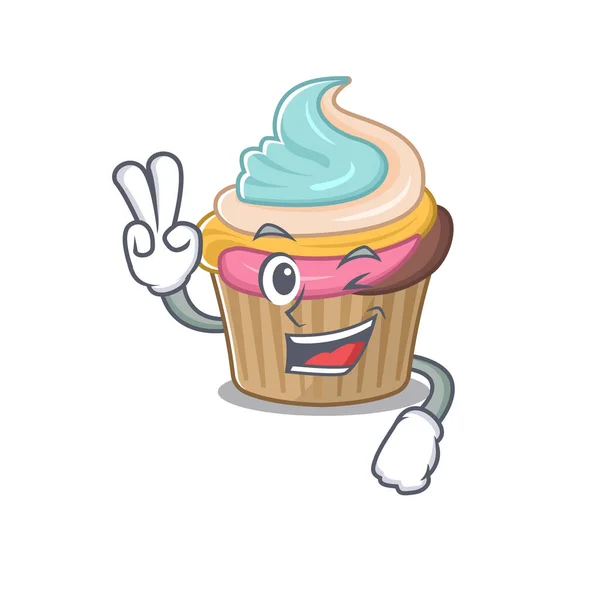 Mascotte Van Grappige Regenboog Cupcake Cartoon Personage Met Twee Vingers — Stockvector