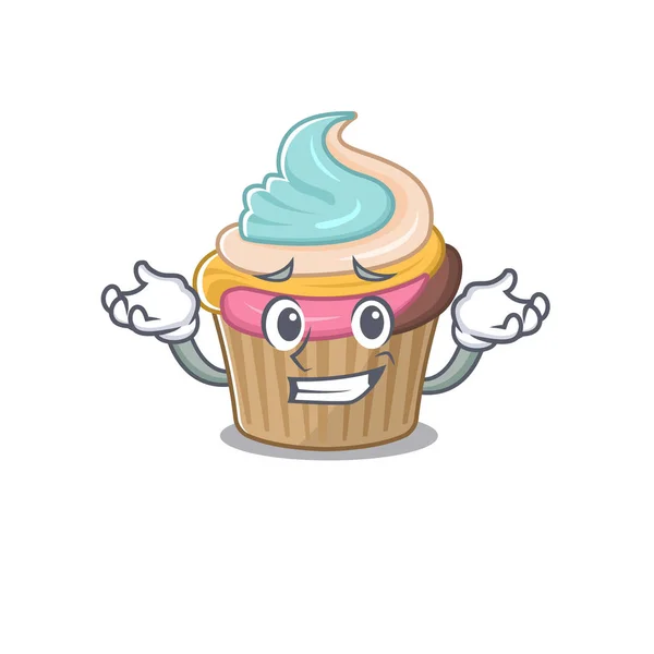 Schattig Grijnzende Regenboog Cupcake Mascotte Cartoon Stijl Vectorillustratie — Stockvector