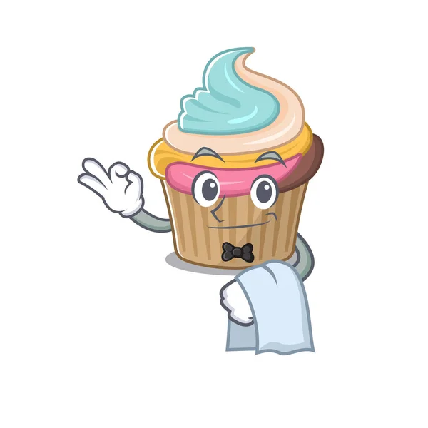 Dulce Arcoíris Cupcake Personaje Que Trabaja Como Camarero Ilustración Vectorial — Archivo Imágenes Vectoriales