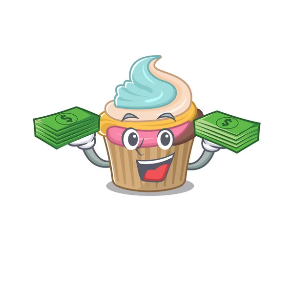 Fresco Rico Arco Iris Cupcake Carácter Tener Dinero Las Manos — Vector de stock